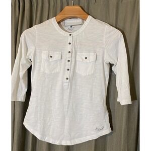 KUHL Womens White 3/4 Sleeve Button Neck Pocket Shirt Size S
